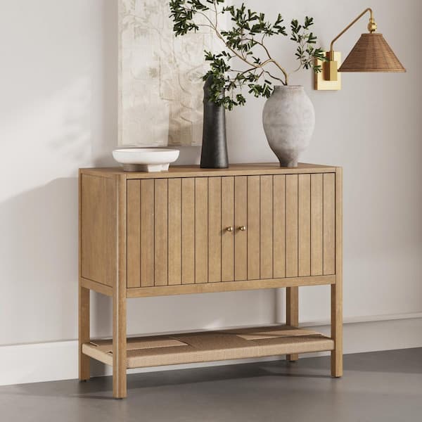 Meads Light Brown 31.5 in. Solid Wood Storage Cabinet with 2-Interior Adjustable Shelves and Seagrass Bottom Storage
