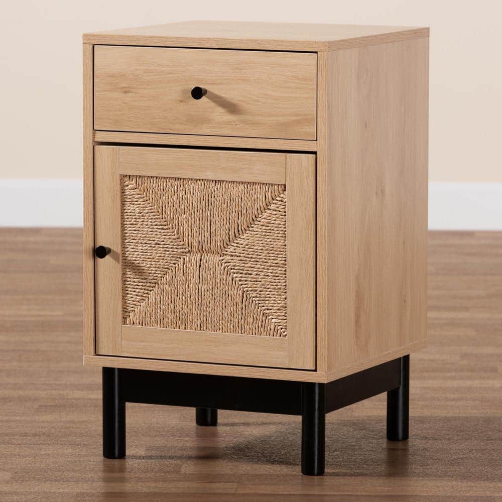 Light Brown Wood Accent Table with Woven Storage