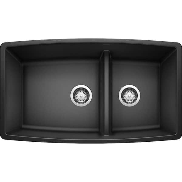 Blanco PERFORMA Silgranit 33 in. Undermount 60/40 Double Bowl Anthracite Granite Composite Kitchen Sink with Low Divide