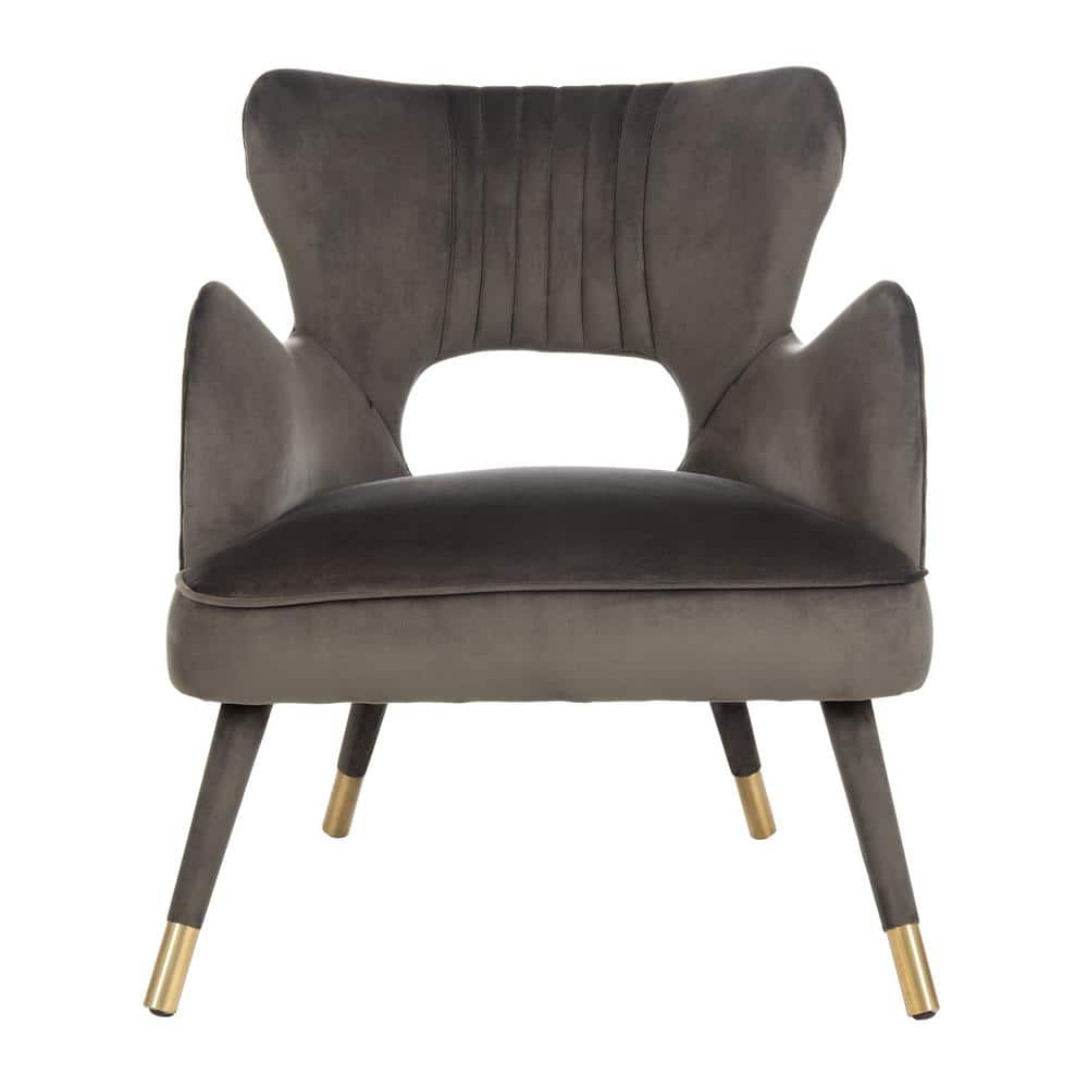 Shale Velvet & Gold-Capped Wood Transitional Accent Chair