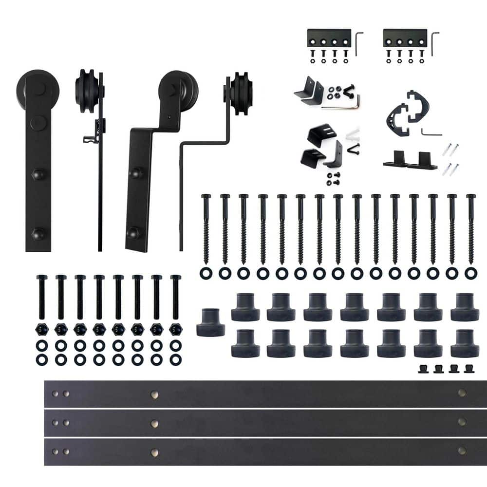 18 ft./216 in. Black Rustic Single Track Bypass Sliding Barn Door Hardware Kit Straight Design Roller for Double Doors price history on PriceWatchPro