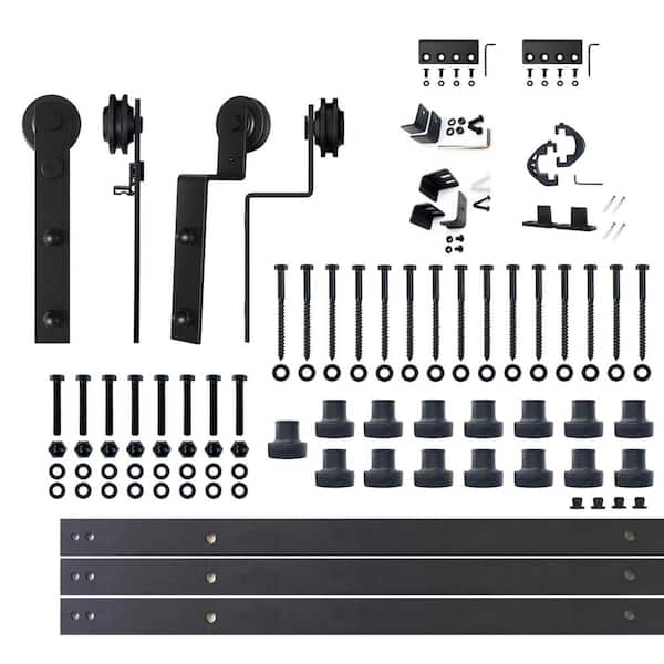 HOMACER 18 ft./216 in. Black Rustic Single Track Bypass Sliding Barn Door Hardware Kit Straight Design Roller for Double Doors