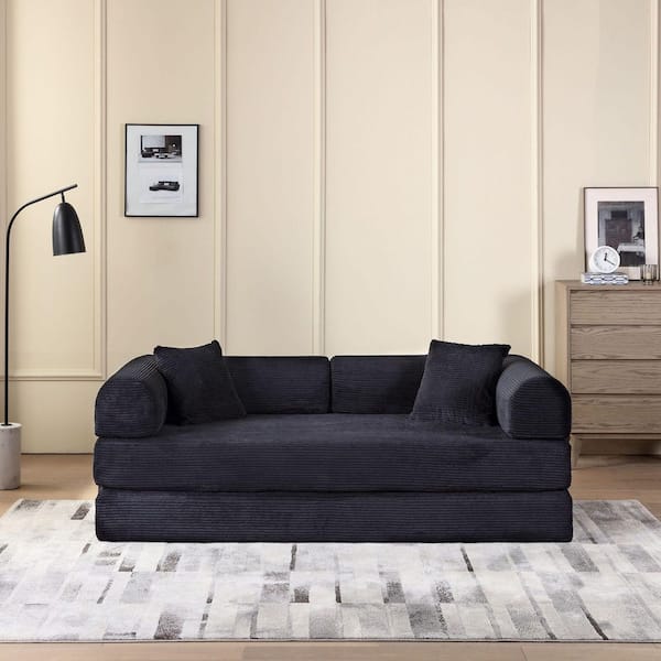 78 in. W Black Fabric King Sofa Bed with Cylindrical Pillow-Corduroy Folding Mattress for Living Room, Bedroom