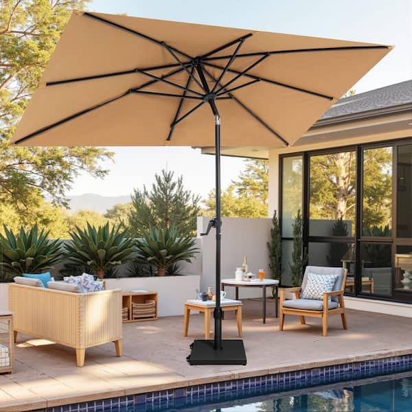 9 ft. x 5 ft. Rectangular Metal Market Crank and Tilt Outdoor Patio Umbrella in Tan with 45 lbs. Concrete Wheeled Base