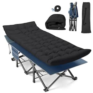 32 in. Outdoor Folding Camping Cot with Carry Bag Portable Double Layer Oxford Camping Cot, Blue Bed+Black Mattress