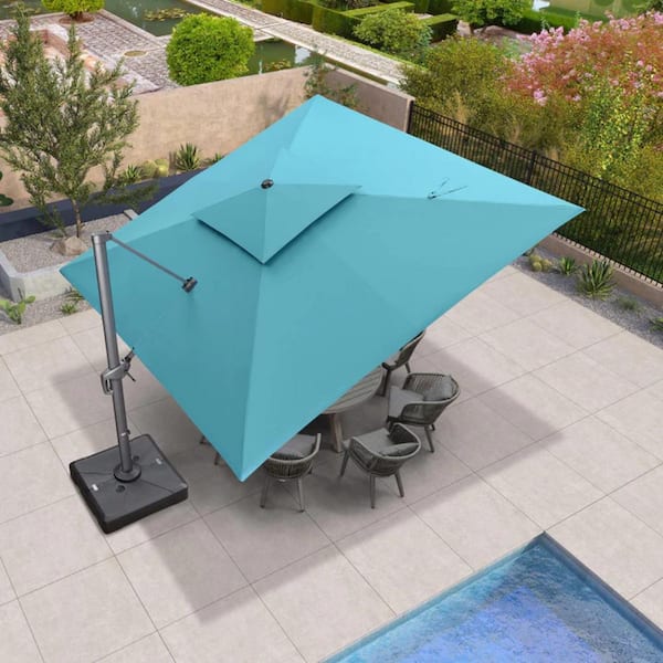 PURPLE LEAF 12 ft. Square 2-Tier Aluminum Cantilever 360-Degree Rotation Patio Umbrella with Base, Turquoise Blue