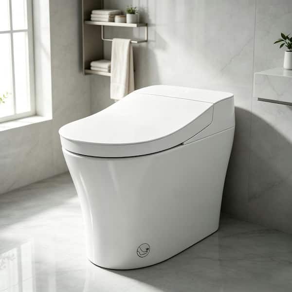 Elongated Smart Bidet Toilet 1.28 GPF in White with 360° Sensing Auto-Flush, Antibacterial and Kid Seat