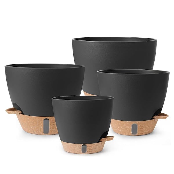 4-Piece 12 in., 10 in., 9 in. and 8 in. Self-Watering Plastic Planter Set with Drainage Holes and Deep Reservoir, Black