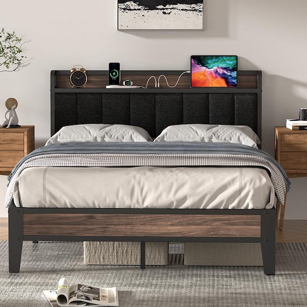Lusimo Black Upholstered Linen Wood Metal Full Platform Bed Frame with Charging Statio