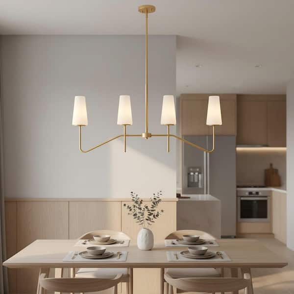 4 Light Gold Island Pendant Light with Frosted Opal Ribbed Glass Shade