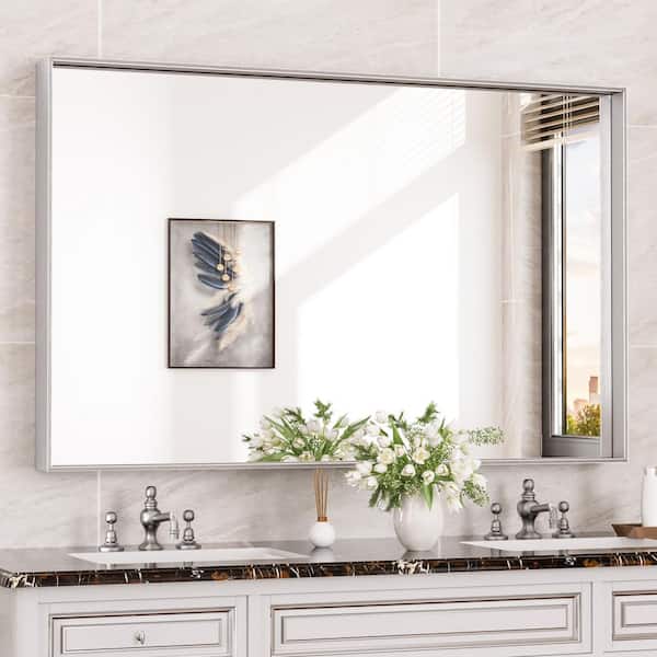 KeonJinn 48 in. W x 30 in. H Rectangular Framed Aluminum Square Corner Wall Mount Bathroom Vanity Mirror in Brushed Nickel