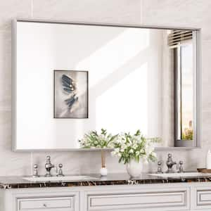 48 in. W x 30 in. H Rectangular Framed Aluminum Square Corner Wall Mount Bathroom Vanity Mirror in Brushed Silver