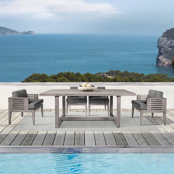 Armen Living Vivid Light Gray 5-Piece Eucalyptus Wood Outdoor Dining Set with Light Gray Cushions