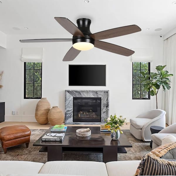 52 in. Smart Indoor Black Low Profile Standard Ceiling Fan with APP Remote Dimmable Integrated LED and 2-Blade Colors