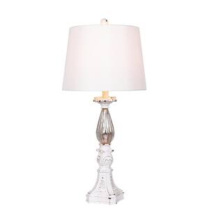 30 in. Antique White Resin and Mercury Glass Distressed, Filigree Candlestick Table Lamp
