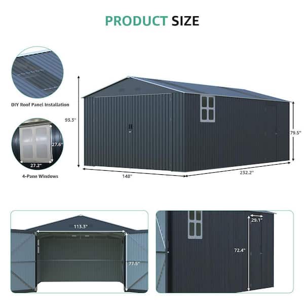 13 ft. W x 20 ft. D Gray Metal Outdoor Garage Shed with Windows