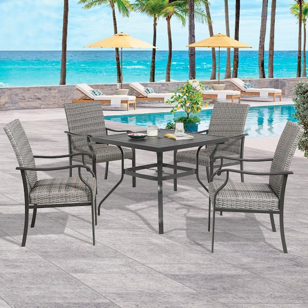 ULAX FURNITURE 5-Piece Wicker Metal Outdoor Dining Set with 4 Wicker Dining Chairs and Square Steel Table