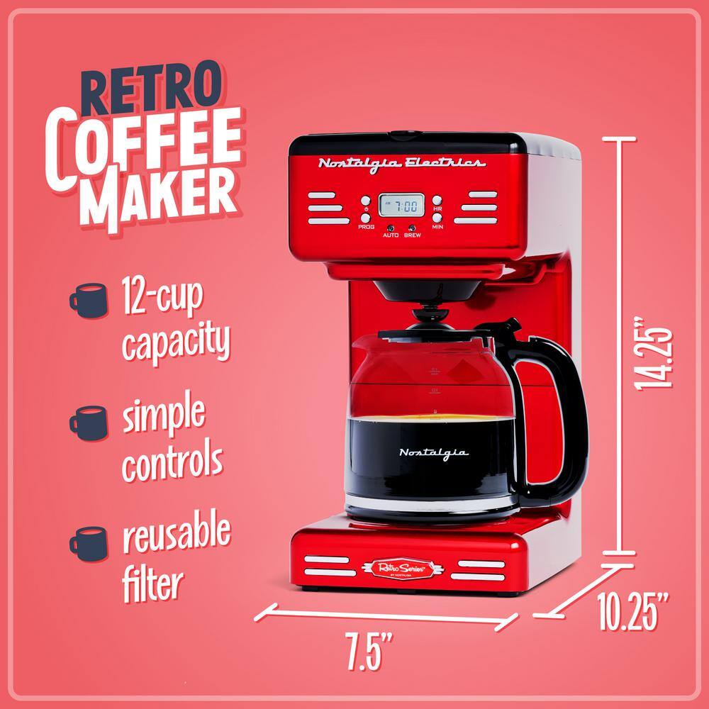 Retro Red 12-Cup Programmable Coffee Maker with LED Display