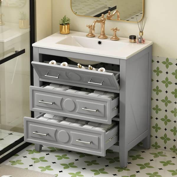 30 in. Freestanding Gray Bath Vanity with White Ceramic Top, 3-Drawers and Solid Wood Frame
