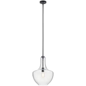 Everly 19.75 in. 1-Light Black Transitional Shaded Kitchen Bell Pendant Hanging Light with Clear Glass