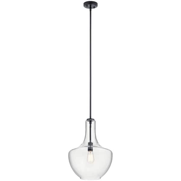 KICHLER Everly 19.75 in. 1-Light Black Transitional Shaded Kitchen Bell Pendant Hanging Light with Clear Glass