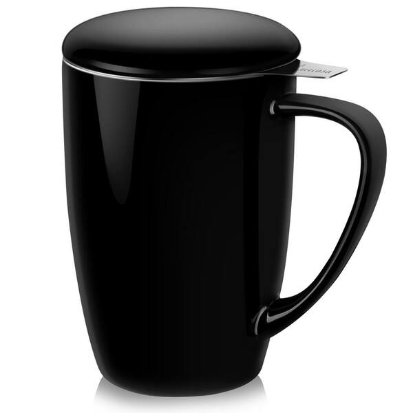 LOVECASA Large Tea Mug 15.2oz. Black with Lid and Stainless Steel Infuser -Tea-for-One Perfect Set for Office and Home Use