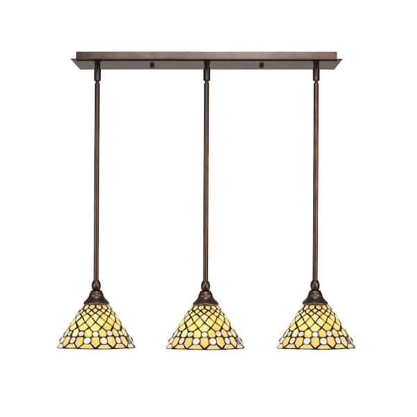 Livingston 100-Watt 3-Light Bronze Shaded Pendant Light with 7 in. Starlight Art Glass Shades, No Bulbs