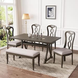 6-Piece Dark Brown Acacia Veneer MDF Top Dining Set with 4 Linen Upholstered Chairs and 1 Gray Bench