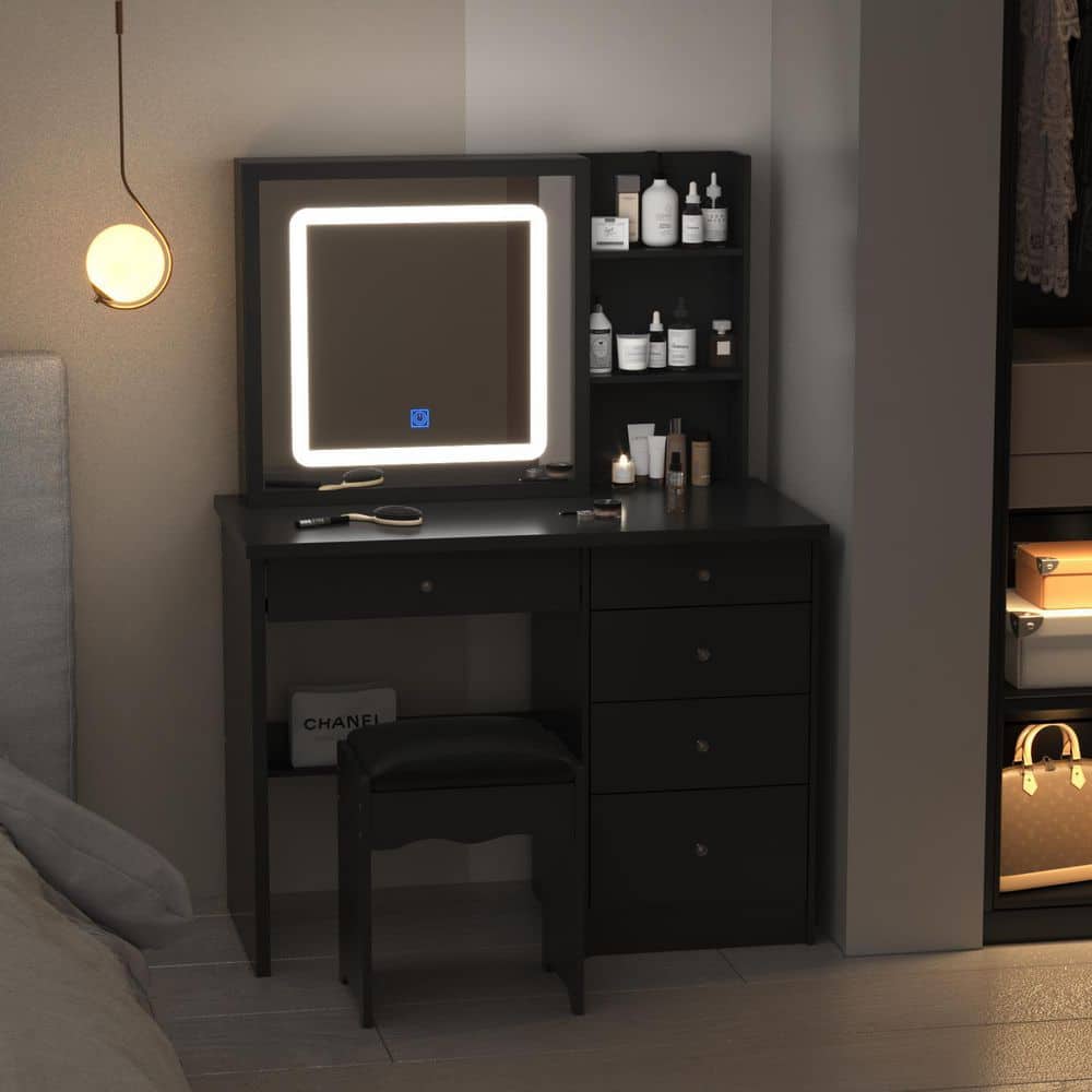 5-Drawers Black Wood LED Push-Pull Mirror Dresser with Stool and 3-Tier Storage Shelves 39.4 in. W - thumbnail 5