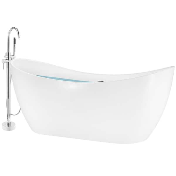 AKDY 67 in. Glossy White Acrylic Tub for Bathtub with Tub Filler combo - Modern Flat Bottom Stand Alone Tub