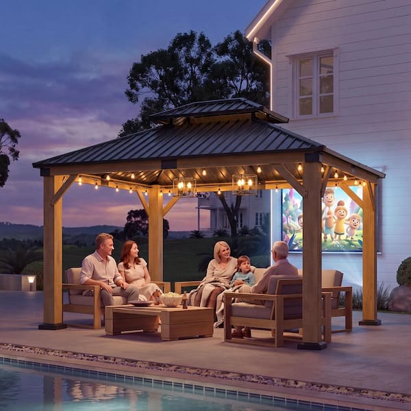 12 ft. x 10 ft. Cedar Wood Outdoor Gazebo with Hard Top Galvanized Steel Double Roof