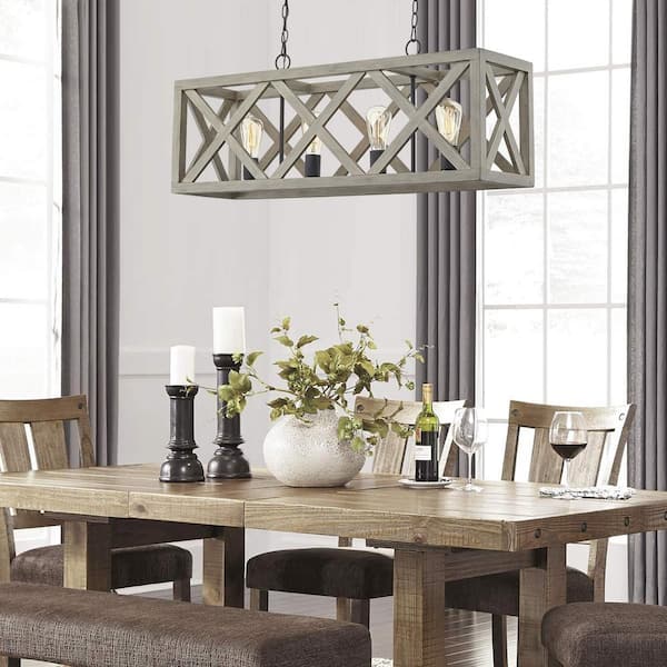 4-Light Anchor Grey Oak and Matte Black Rectangle Lantern Pendant