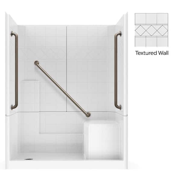 Liberty 60 in. x 33 in. x 77 in. Low Threshold 3-Piece Shower Kit in White with Right Seat, 3 Grab Bars, Left Drain