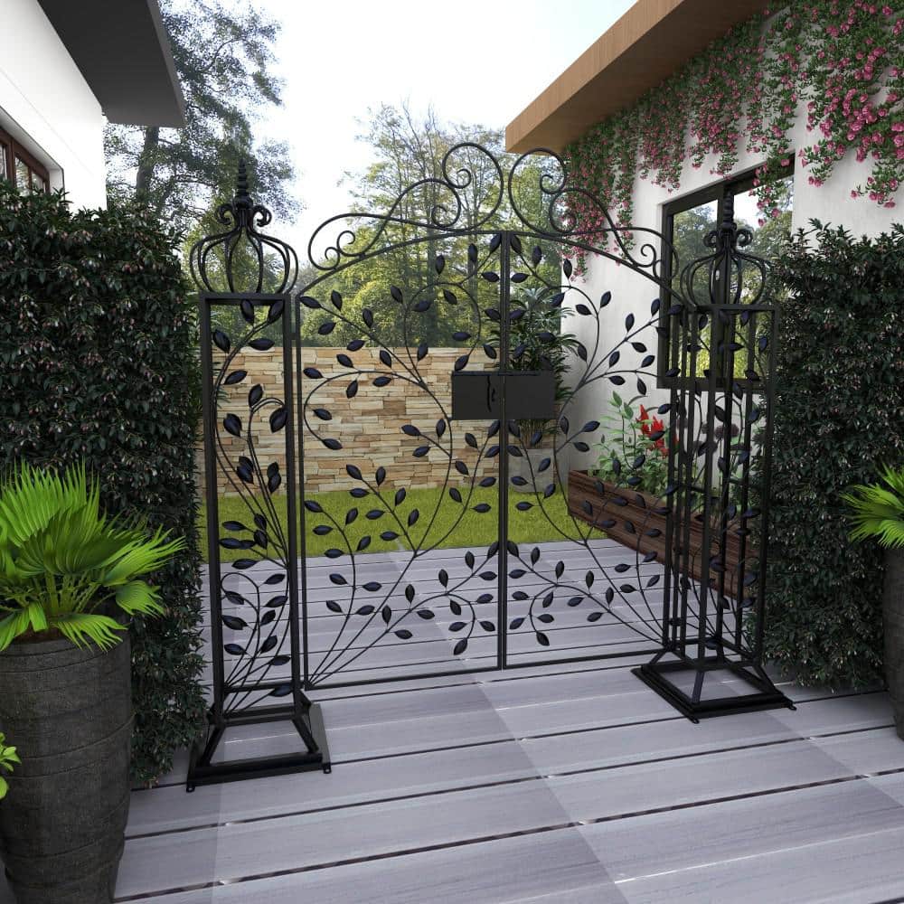 Matte Black Metal Scrollwork Arched Garden Gate Arbor