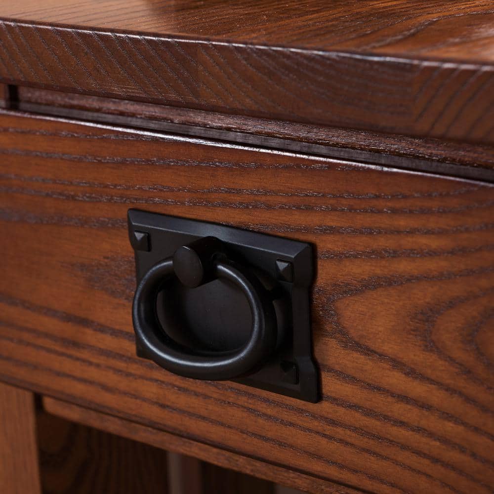 Medium Oak Mission Style Side Table with Drawer and Shelf