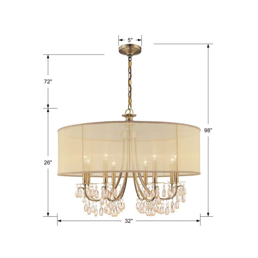 Elegant Antique Brass Drum Chandelier with Silk Shade and Etruscan Teardrop Crystals