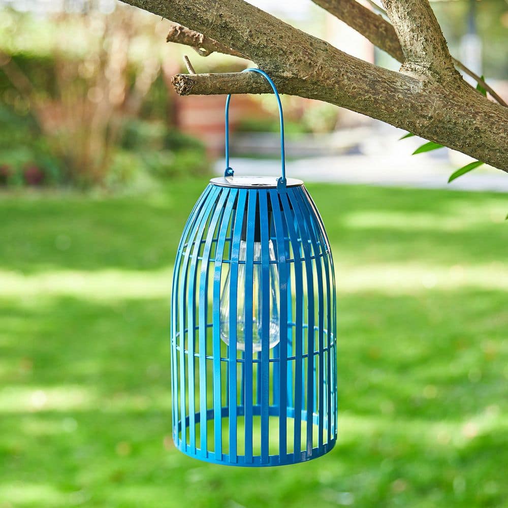 9.75" Blue Metal Solar Powered Hanging Lantern