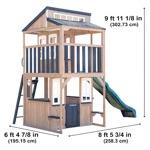 DIY Cliffbrook Wooden Outdoor Playhouse with Two-Stories, Slide, Balcony, Climbing Ladder, Chalkboard, and Windows