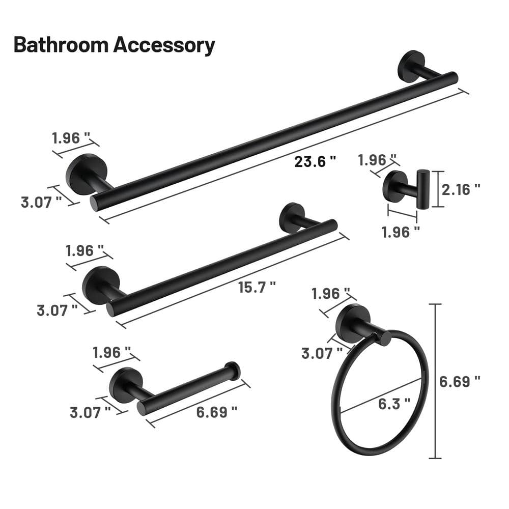 Matte Black Stainless Steel 6-Piece Bathroom Hardware Set