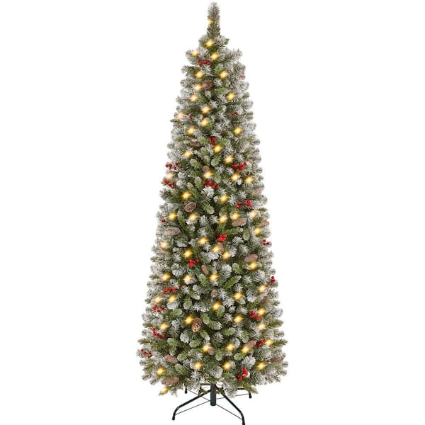 6 ft. Prelit Frosted Artificial Christmas Tree with Pinecones and Holly Berries
