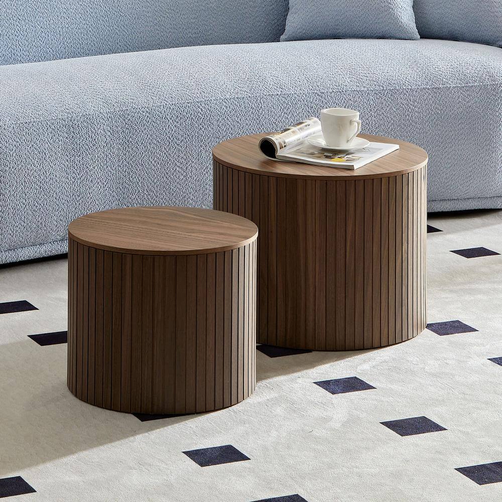 2-Pieces Round MDF Outdoor Coffee Table, Patio Nested Side Table for Lounge