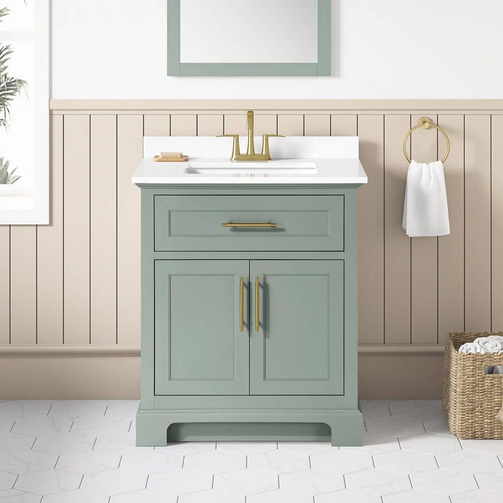 Doveton 30 in. Single Sink Sage Green Bath Vanity with White Engineered Sto