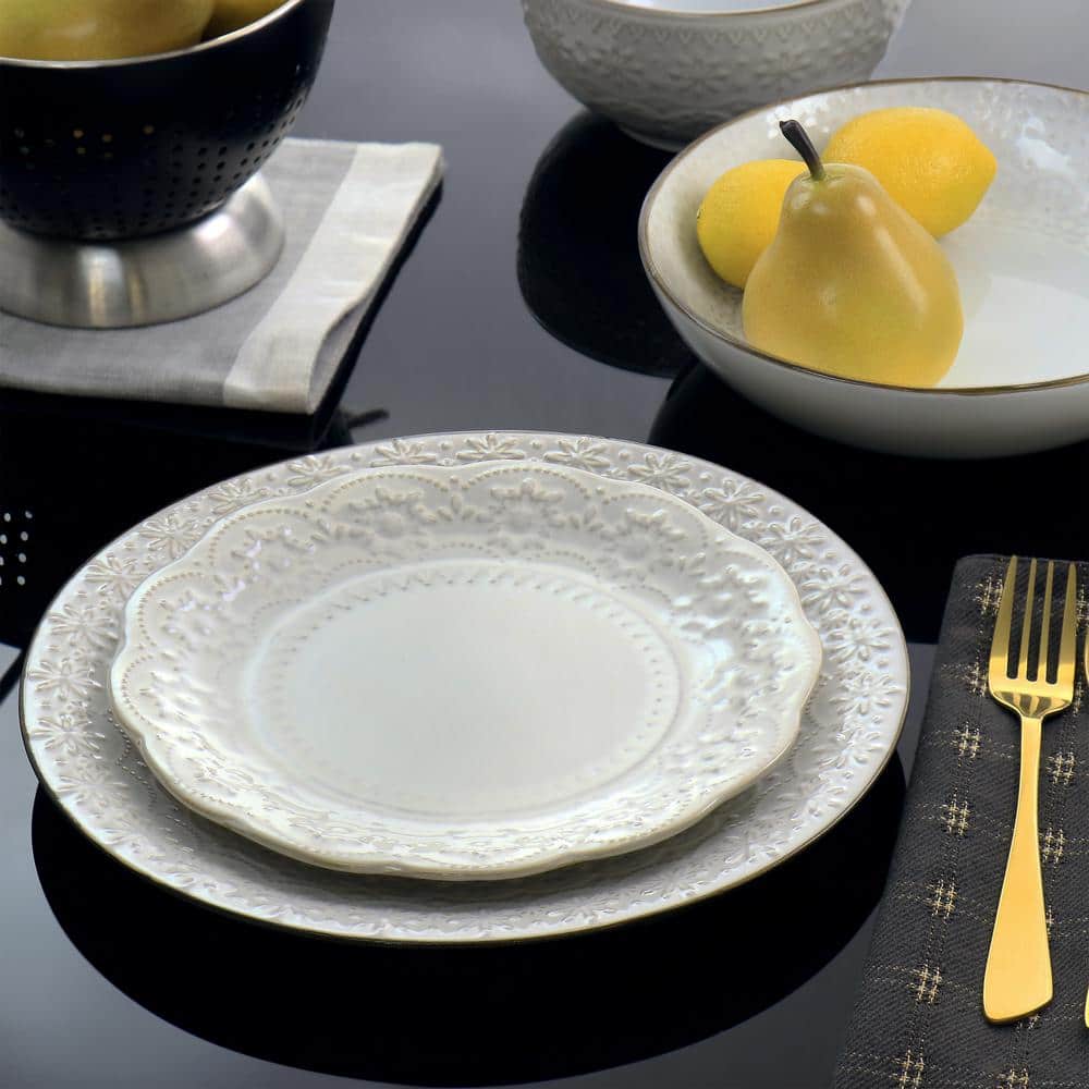 Ivory Embossed Ceramic 16-Piece Dinnerware Set for Four