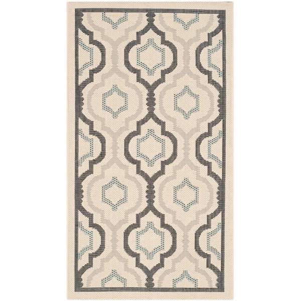 SAFAVIEH Courtyard Light Beige/Black Doormat 2 ft. x 4 ft. Geometric Indoor/Outdoor Patio Area Rug