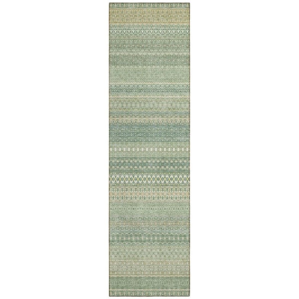 Artichoke Green 2 ft. x 8 ft. Woven Striped Polyester Runner Indoor / Outdoor Area Rug