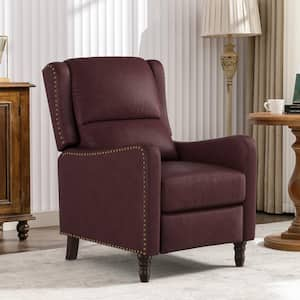 26 in. Width Wine Red Genuine Leather Recliner Chair Arm Chair with Nailhead Trim