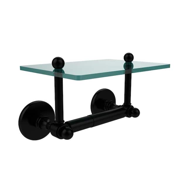 Allied Brass Prestige Skyline Collection Double Post Toilet Paper Holder with Glass Shelf in Matte Black