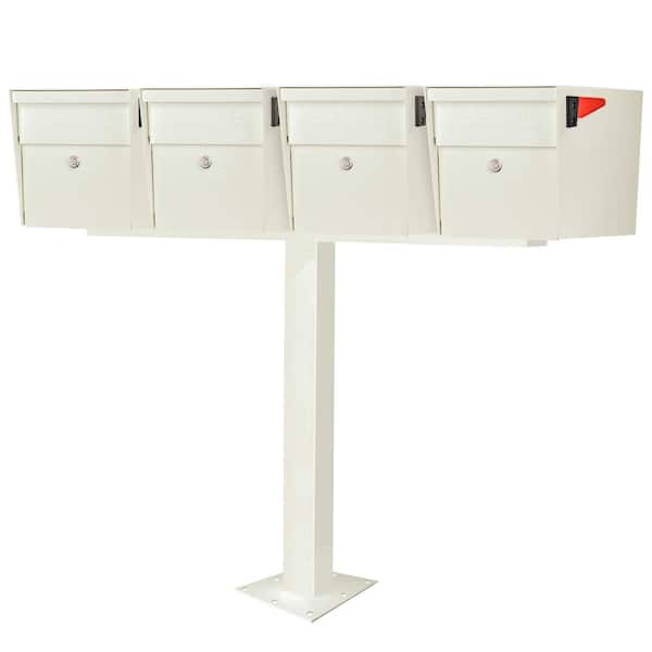 MailBoss X4 Locking Mailbox Post Mount Combo Kit, Cream White, Surface Mount Post, 4-Compartment High Security Cluster