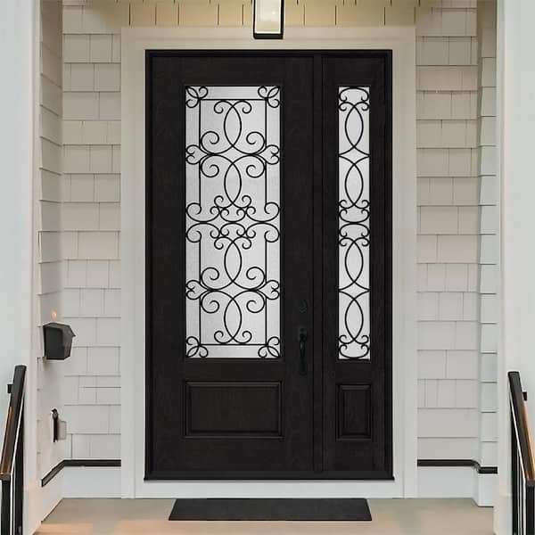 Regency 53 in. x 96 in. 3/4Lite Georgian Decorative Glass LHIS Onyx Mahogany Fiberglass Prehung Front Door with 14in.SL