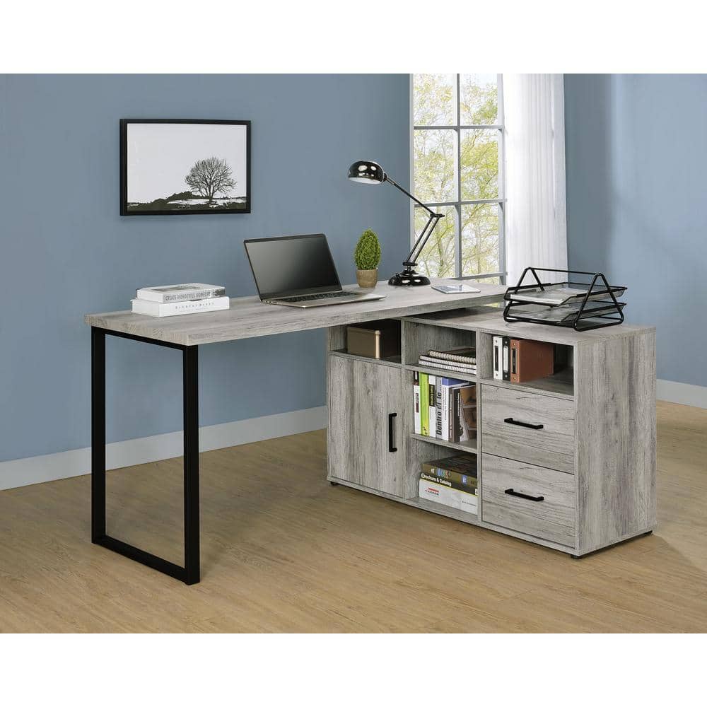 Grey Driftwood L-Shape Desk with Storage and Filing Cabinet